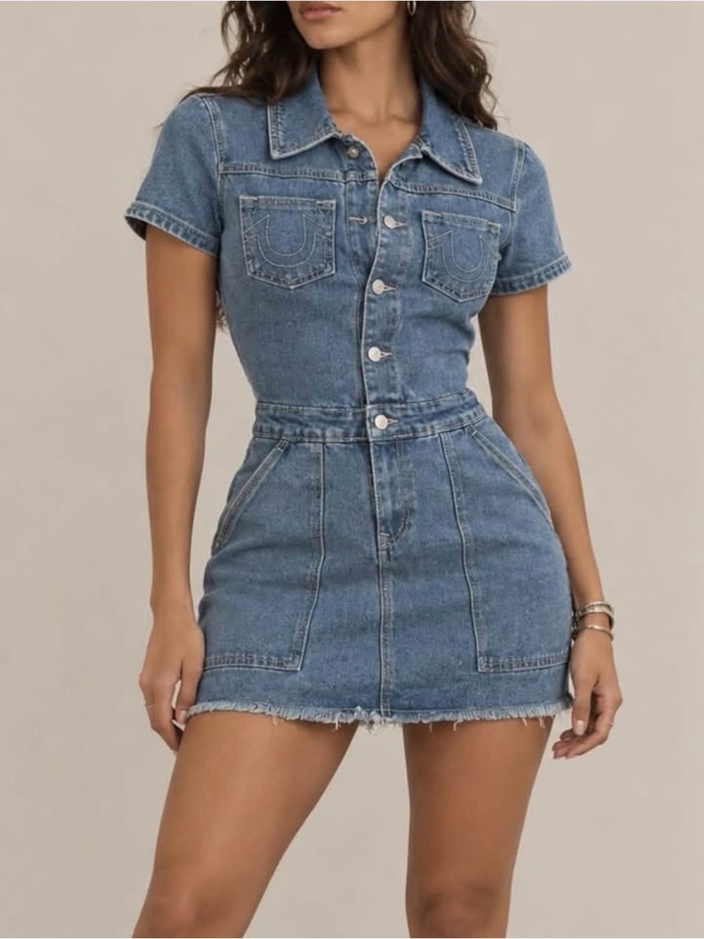 NWT True Religion Medium Denim Short-Sleeve Button-Front Mini Dress